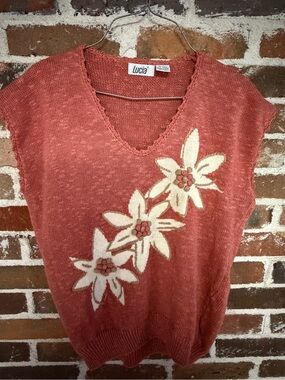 Lucia Women's Rust V-Neck Floral Knit Sweater Vest